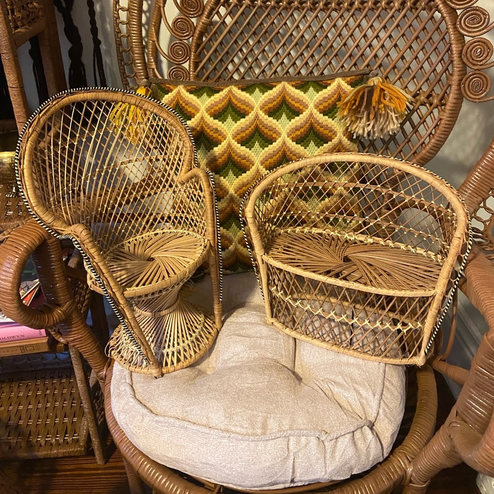 set of two wicker doll / plant chairs vintage